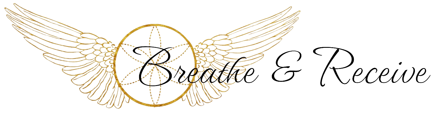 breathe and Receive logo with gold angelic wings and the seed of life