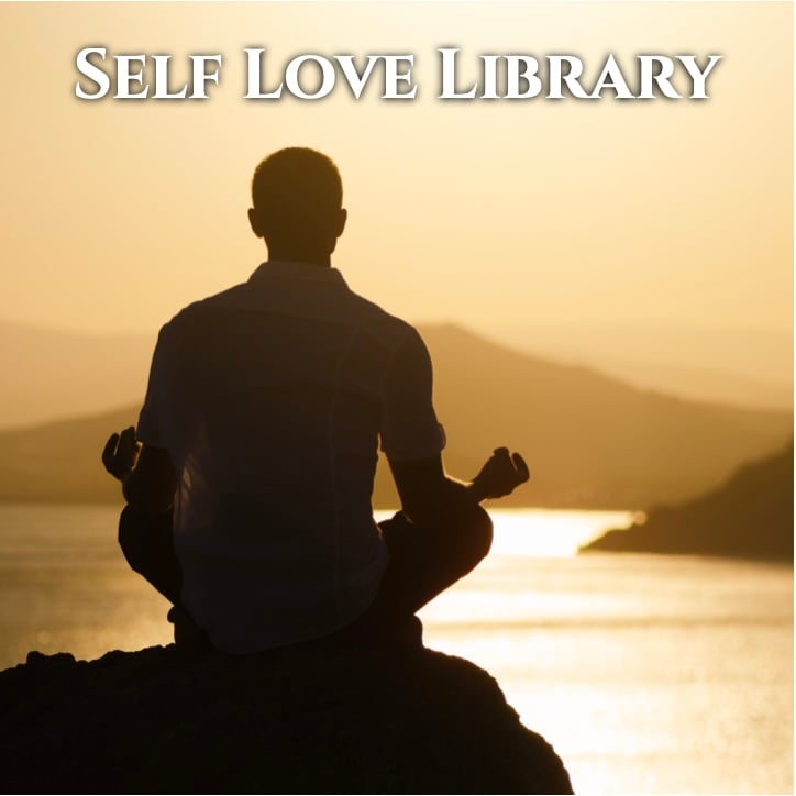 A silhouette of a man sitting on a rock overlooking an expanse of water with the golden hues of the low sun, in a meditation posture, representing the Self Love Library guided healing journey meditations inside Self Love Mission community