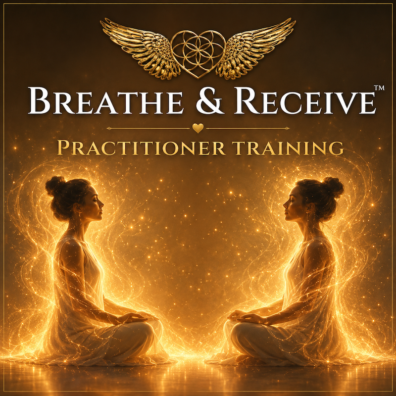 Two silhouetted people sitting opposite one another in a cross legged posture with golden yellow energy flowing around and between them, representing strong energetic connection and presence with the words Breathe and Receive Training over them