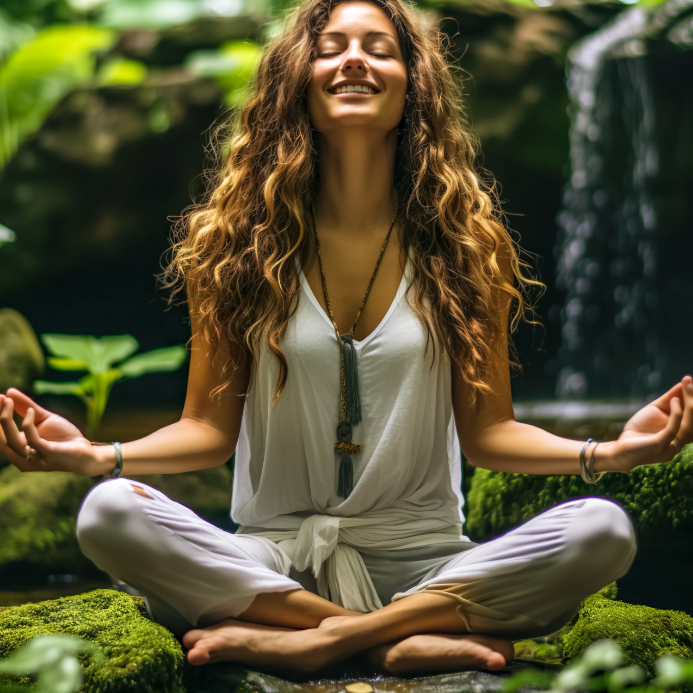 beautiful young woman at golden hour smiling with her eyes closed in self-love and inner peace