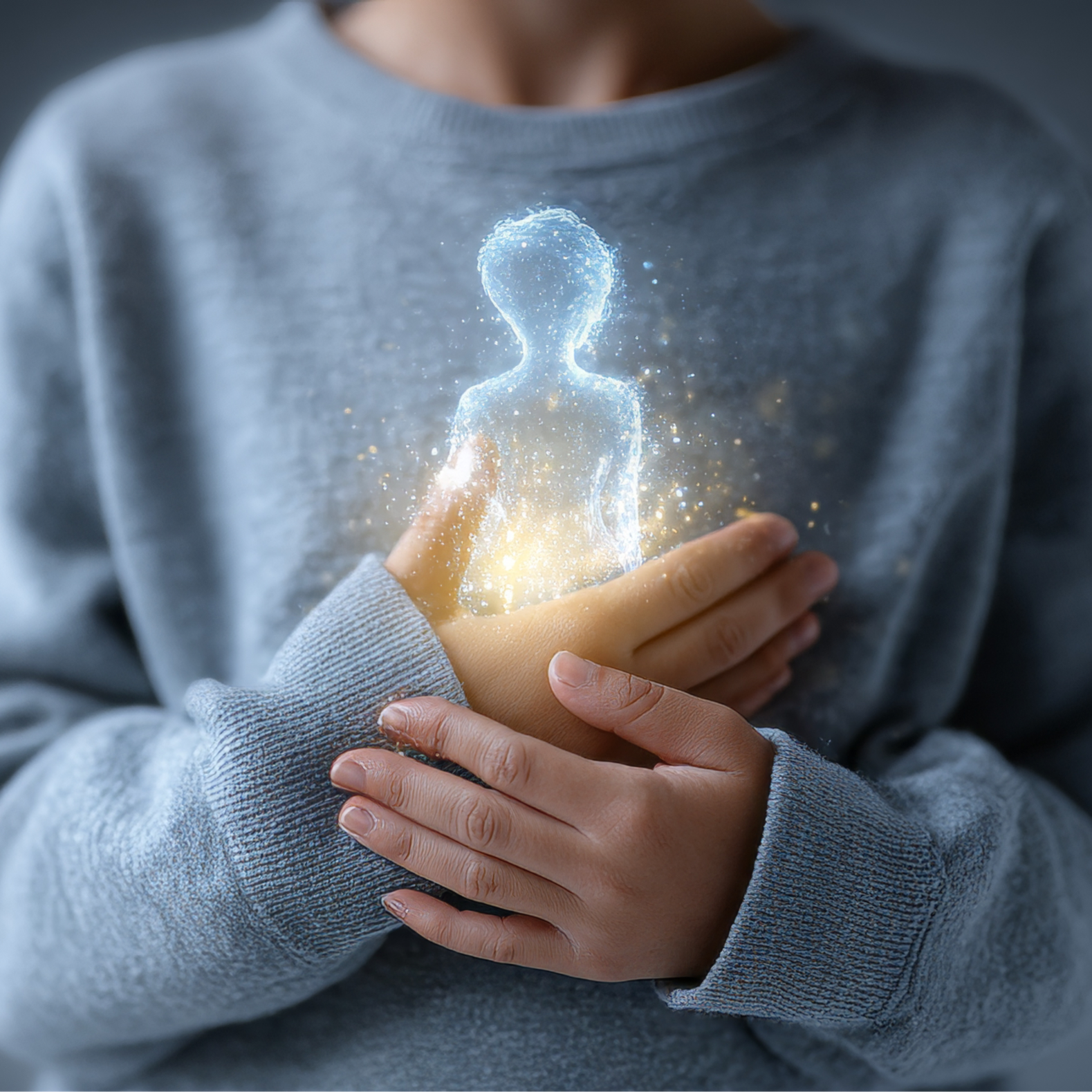 A young person is holding a representation of a small them, their 'little-me' in the hands close to their heart. Self-love with 