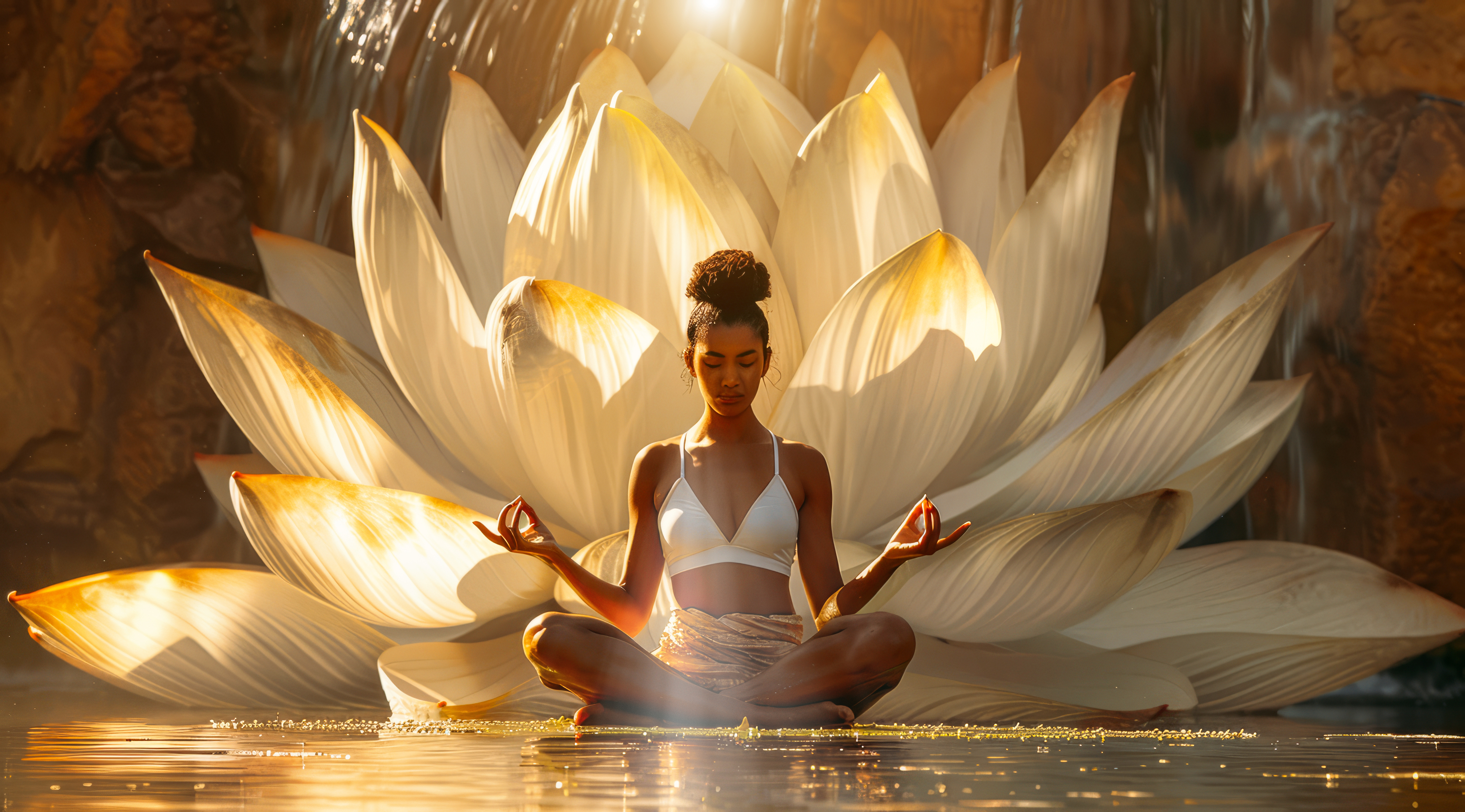 Breathe and Receive - a gentle introductory breath-work course for people who want to connect more deeply to their true selves, re[resented by a beautiful woman in a meditation pose in front of a giant gold and white lotus flower.