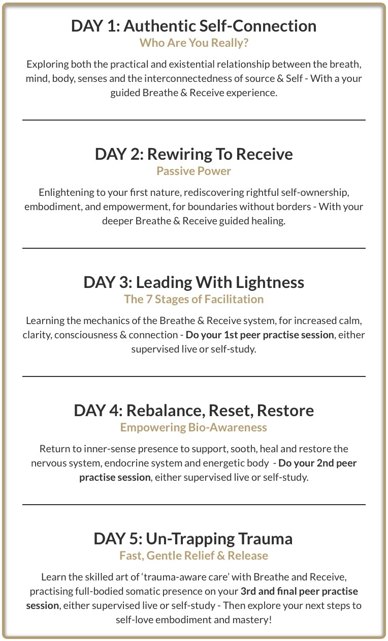 The 5 day training schedule for Breathe and Receive breathwork practitioner training by Tara Love Perry