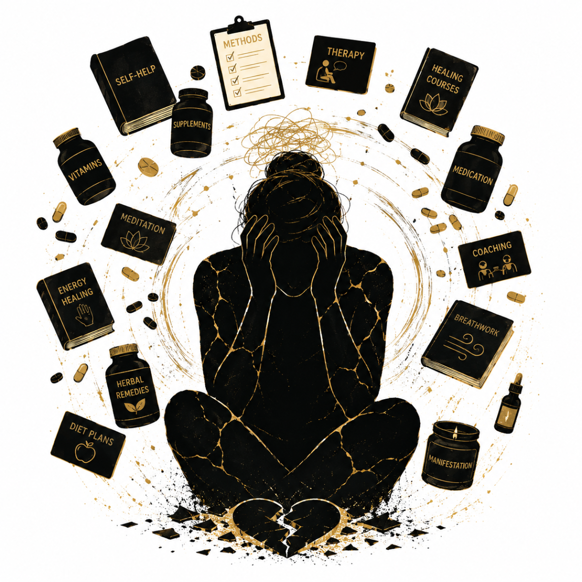 silhouette of a person with scattered fragmented parts