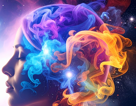 the face of a woman with multcolored smoke in front of it representing emotions