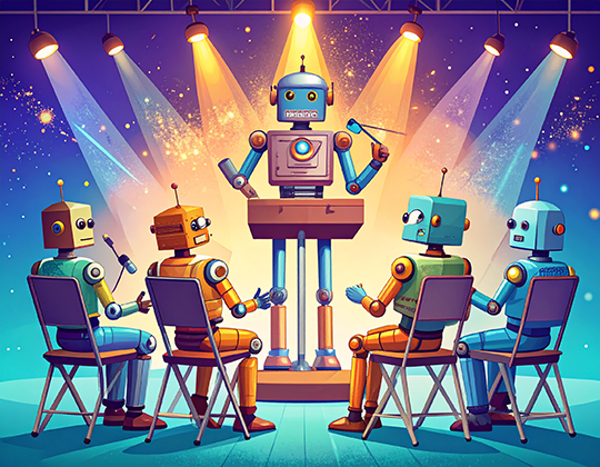 a robot giving a speech while standing in front of 4 seated robots