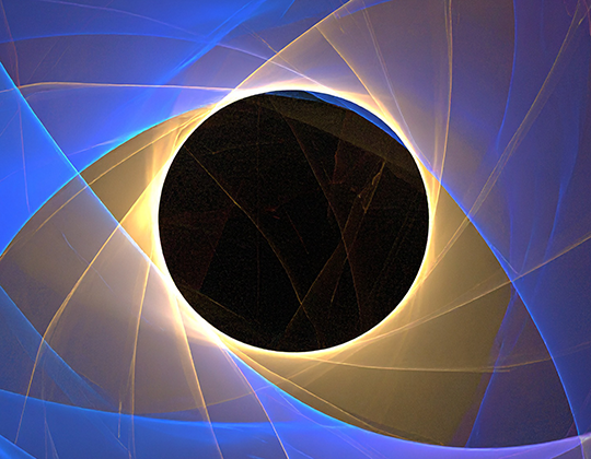 black hole in middle of blue and gold design representing unsolvable