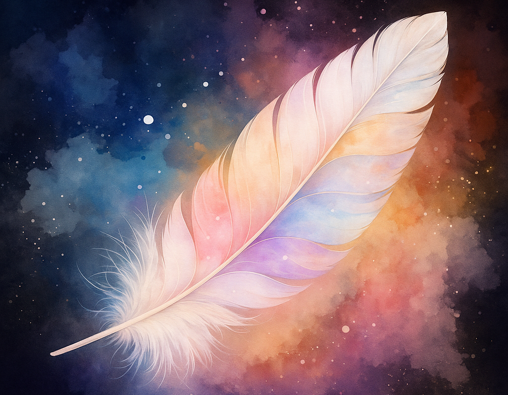 white feather floating down in dark sky