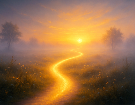 a field with a golden path running throught the middle leading toward the sun