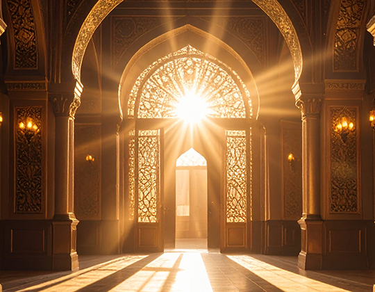 golden ornate door with sunlight behind it