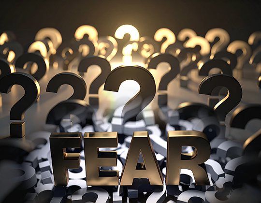 gold metal question marks with the word FEAR in front of them