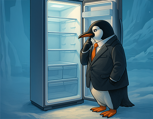 a penguine standing in front of a new refrigerator with empty shelves, thinking
