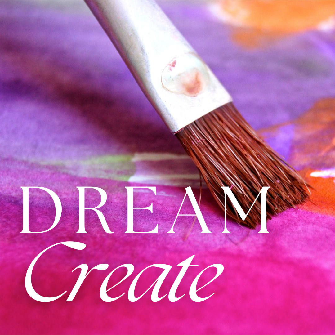 A paintbrush resting on a pink, purple and orange background. The words 