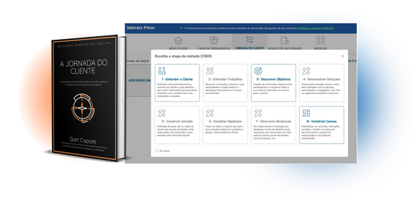 Livro A Jornada do Cliente de Gart Capote ao lado do método CCBXD, mostrando a integração entre processos operacionais e experiências dos clientes em sistemas organizacionais.