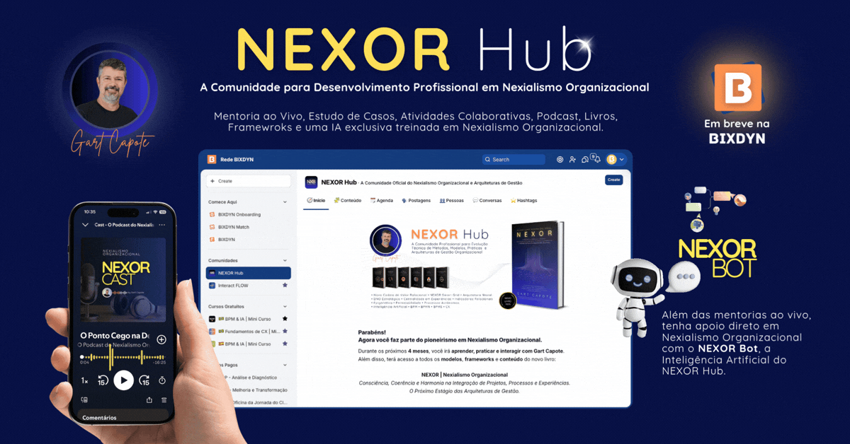 NEXOR Hub, comunidade profissional criada por Gart Capote para evolução de métodos, práticas e arquiteturas de gestão organizacional, reunindo sua coleção de livros e anunciando o lançamento do livro NEXOR 2026.