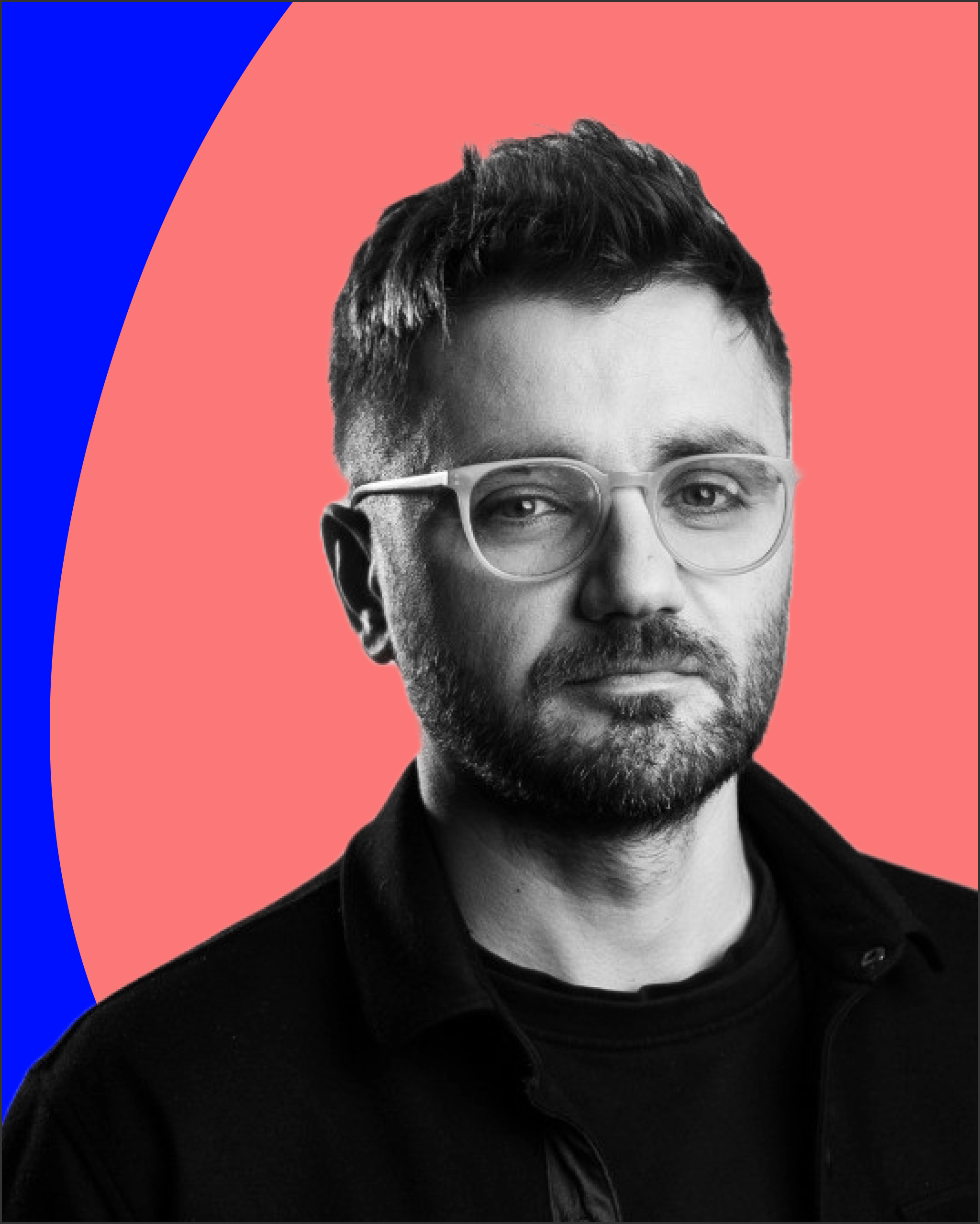 Portrait of Danil, a marketing and management expert, set against a bold blue and pink abstract background.