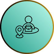 Round icon with a person, symbol of email and location pointer.