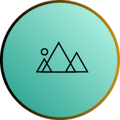 Round icon with mountains and moon.