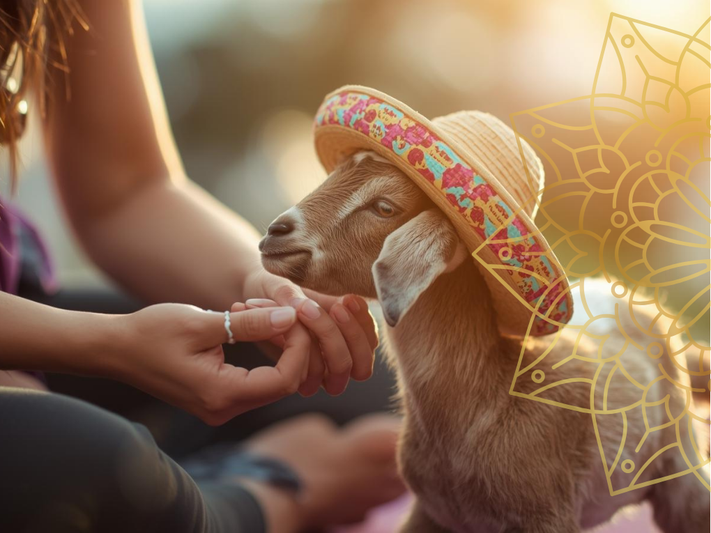 Baby goat in sombrero with a person doing yoga.