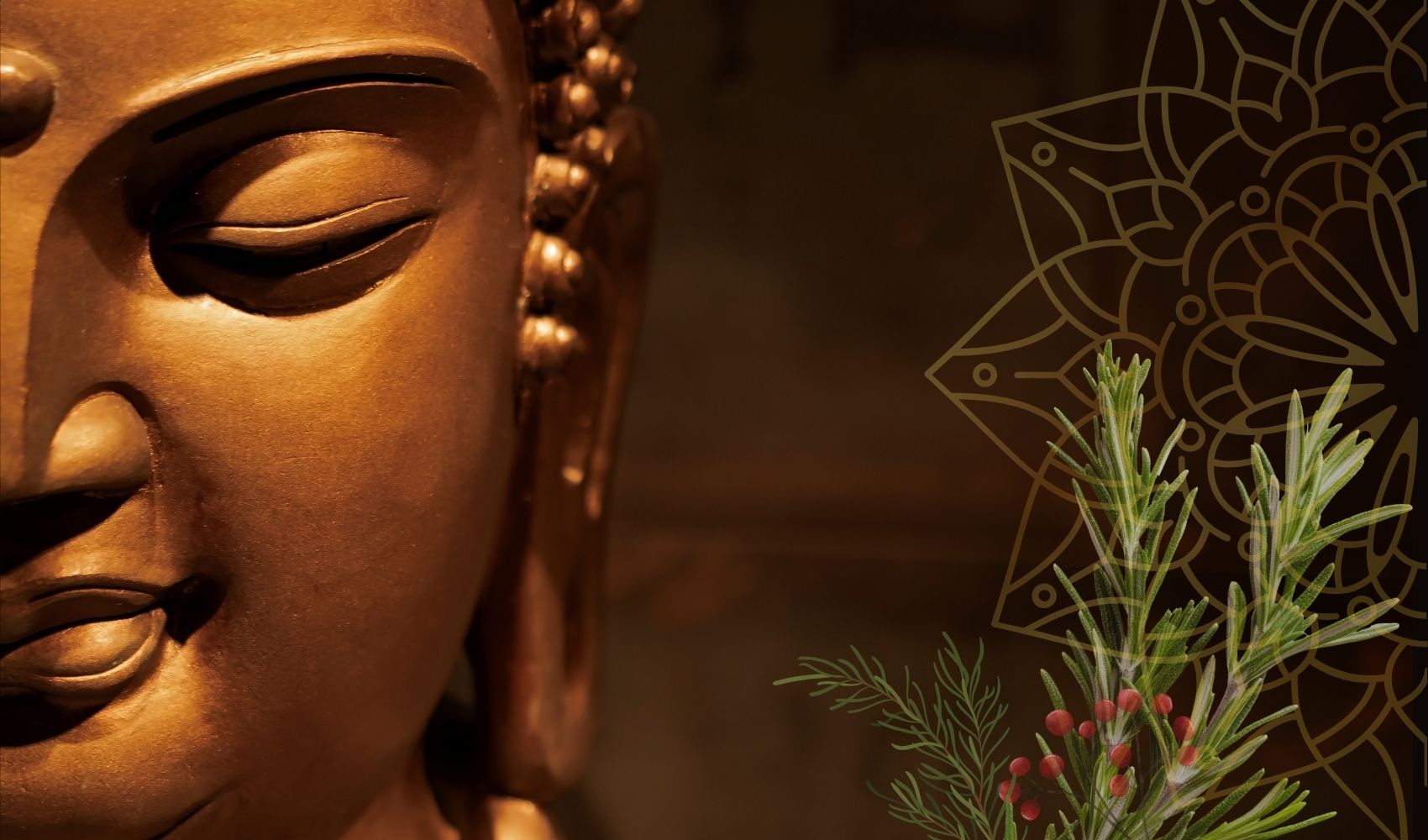 Bronze color close up of buddha statue with evergreen sprigs and red berries.