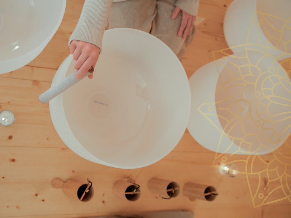 Crystal sound bowls with mandala overlay in gold