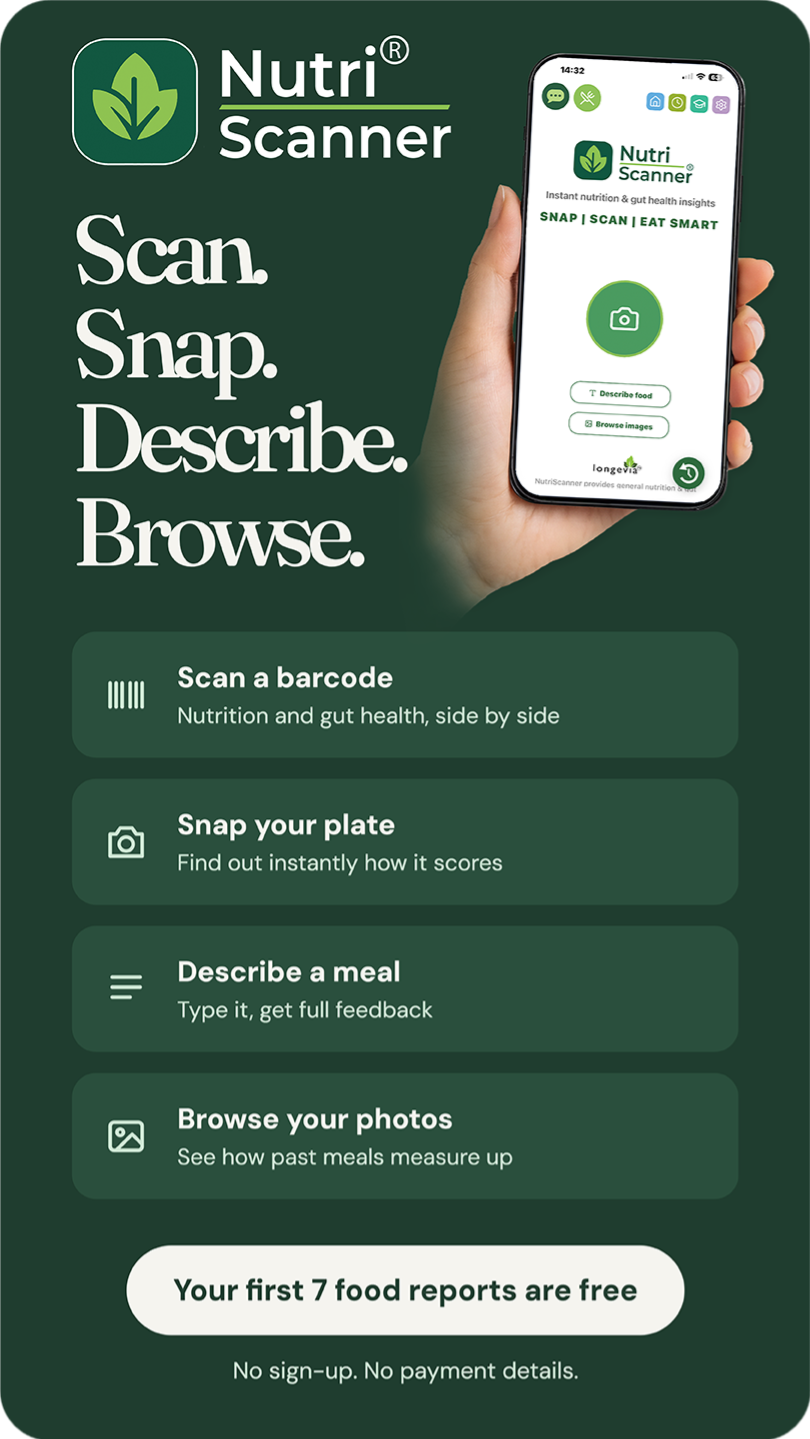 Hand holding a phone showing the NutriScanner gut health app: no calorie counting, no fad dieting, no food logging, cut out UPFs.