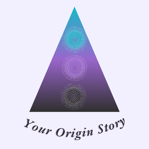 A black, purple, and blue triangle with three spirals down the middle and the company name Your Origin Story underneath.