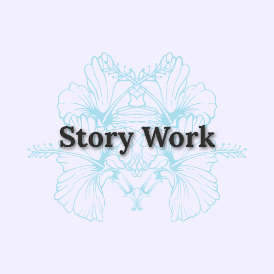 An image of two light blue hibiscus flowers mirrored with the words Story Work in black on top