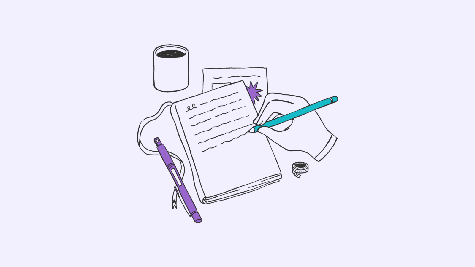 A journal, purple pen, coffee mug with coffee, and a hand writing in the journal.