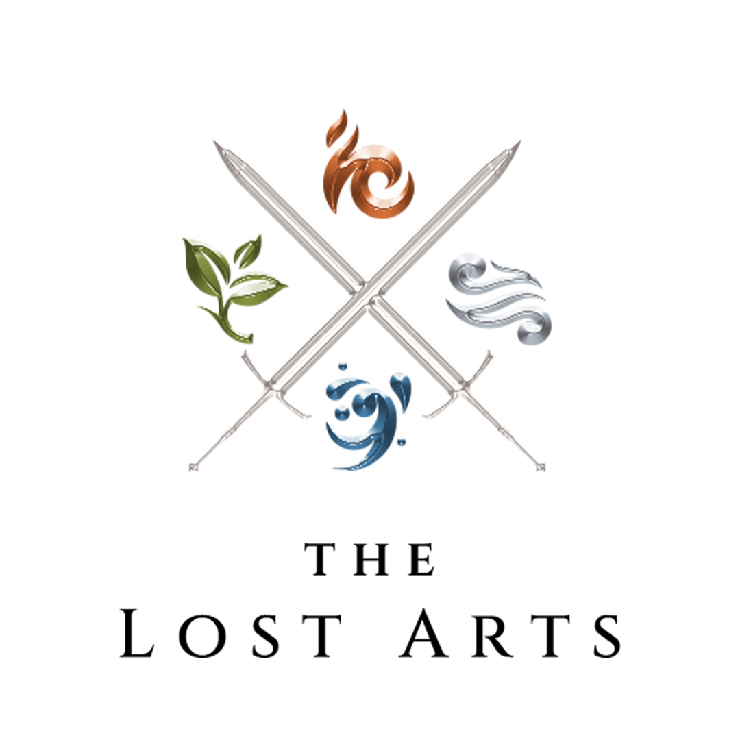 The Lost Arts series image. Two crossed swords with the four elements in between.