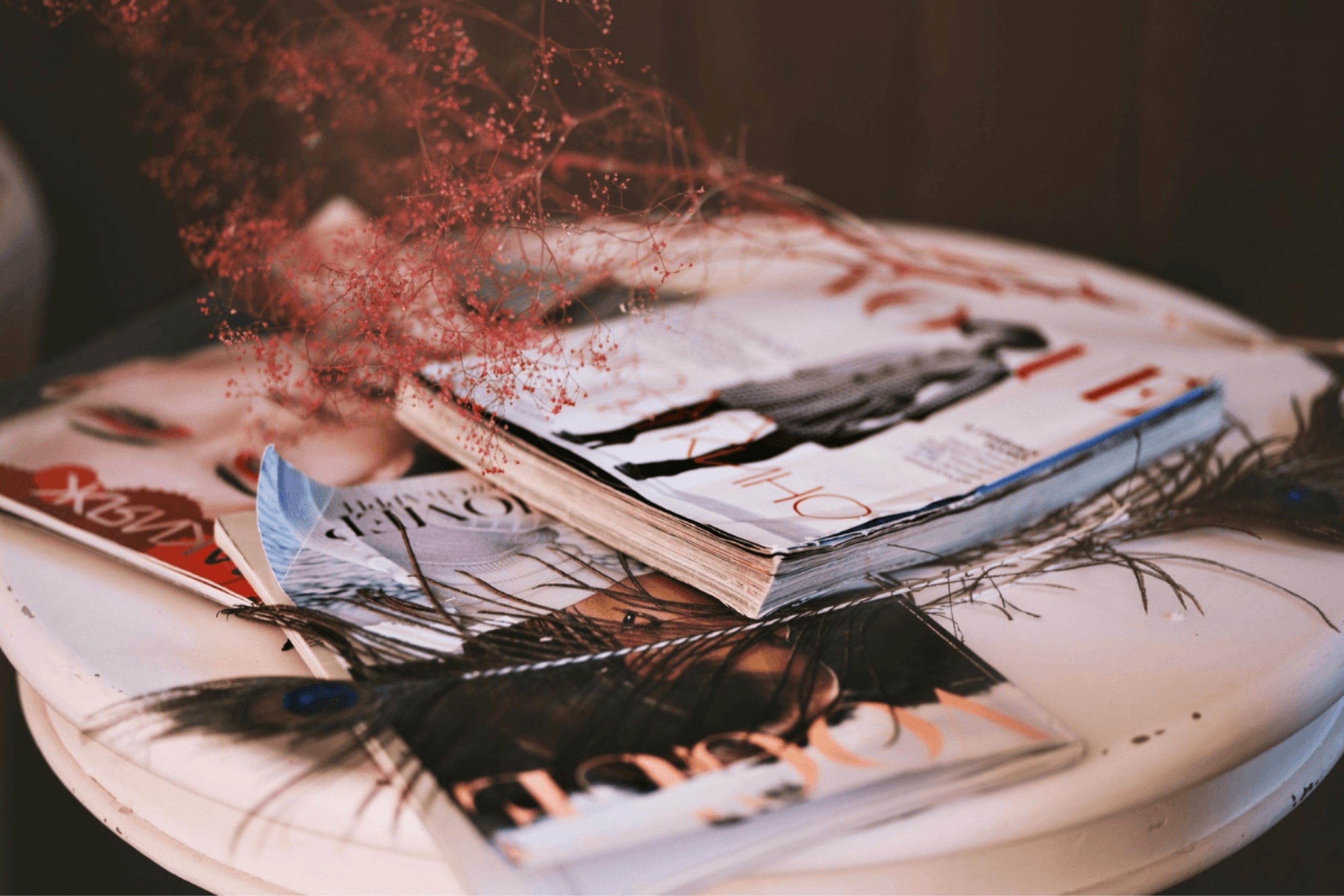 Magazines, a feather, and a flower on white table