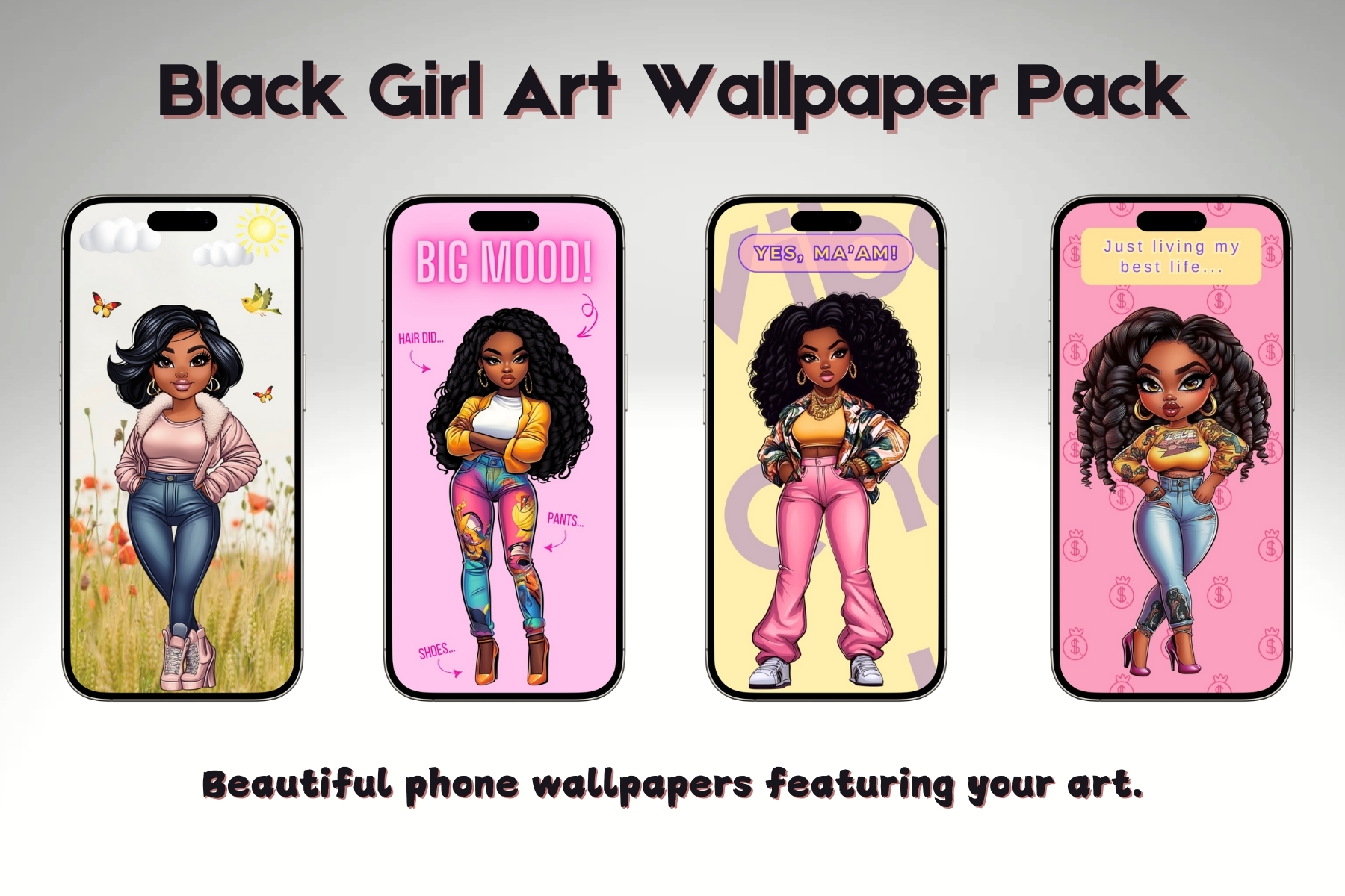 The image shows a collection of four phone wallpapers titled 