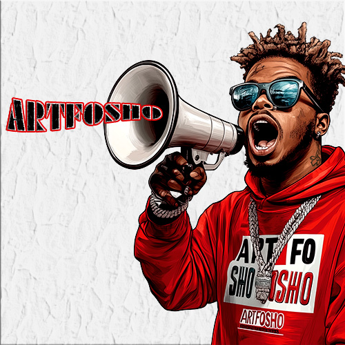 The image shows an illustration of a person wearing sunglasses and a red hoodie with "ARTFOSHO" branding, yelling into a megaphone. They have curly/twisted hair and appear to be wearing jewelry including a chain necklace. The text "ARTFOSHO" appears stylized in red lettering next to the megaphone. The background is white with a textured paper-like effect. The style is a mix of photographic and graphic art elements, creating a bold promotional or brand-focused image.