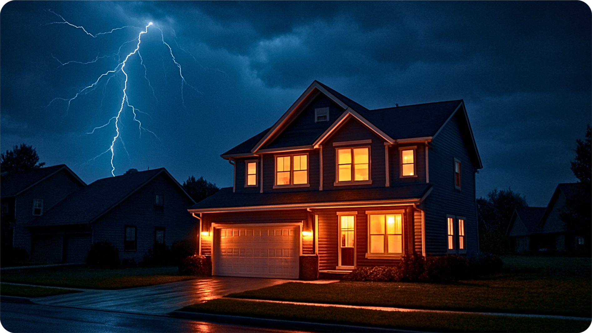 Home powered during a blackout as lightning strikes in the distance.