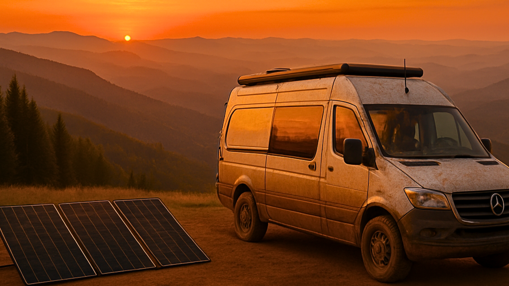 Off-grid van powered by portable solar panels at sunset.