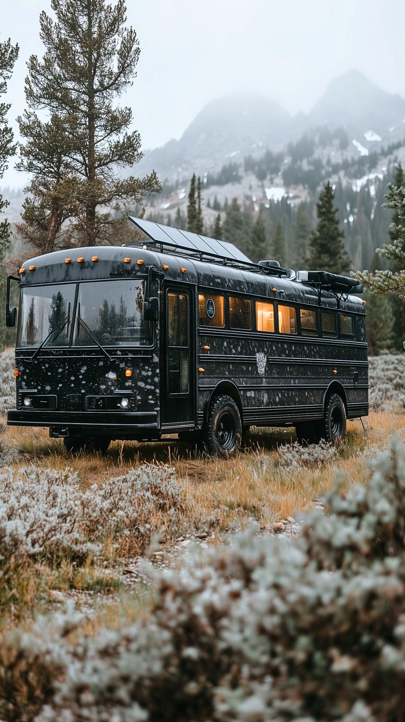 Off-grid bus conversion with solar panels, parked in a snowy mountain landscape with warm interior lighting.