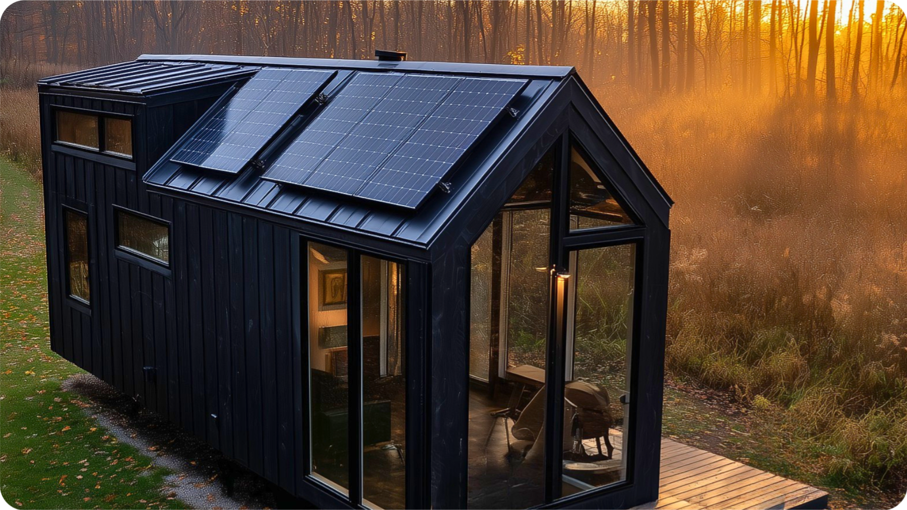 Off-grid tiny home powered by rooftop solar panels during sunrise in the woods.