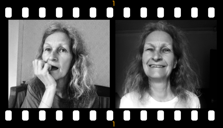Two black and white photos of Lena, one pensive, one smiling