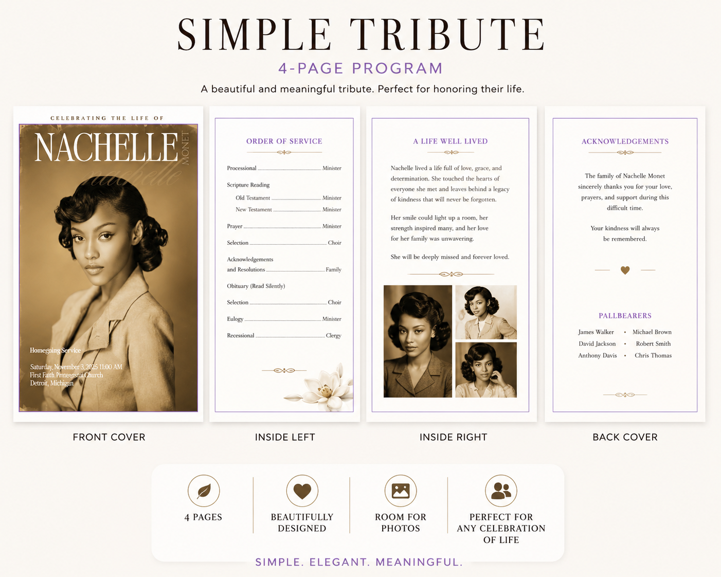 Simple Tribute custom funeral program featuring an elegant personalized memorial design for a beautiful and meaningful celebration of life.