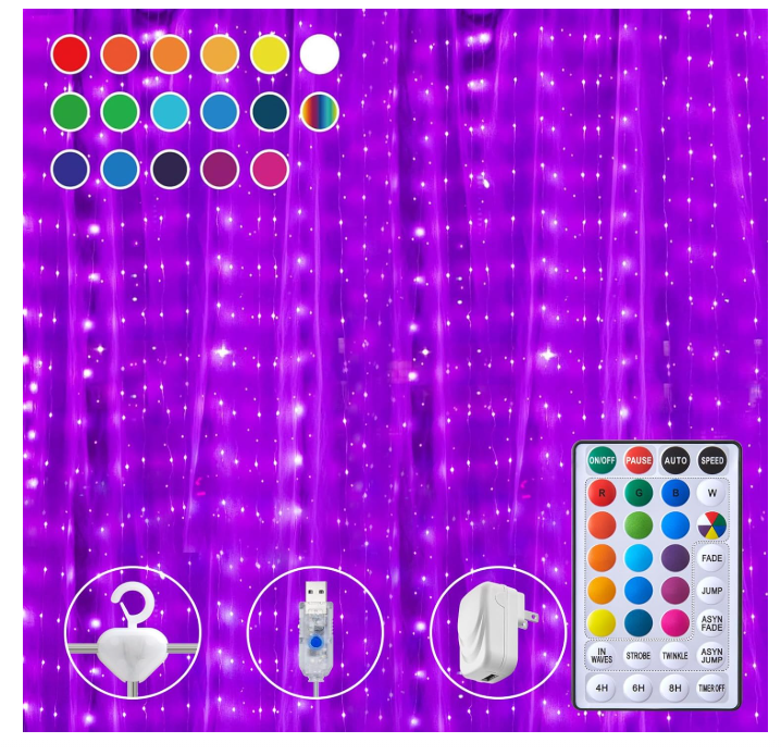 16 Colors Changing Curtain Lights - 250 LED 9.8 X 8.8 FT Fairy String, 7 Modes Twinkle with Remote, Backdrop Wall Hanging Dripping for Bedroom