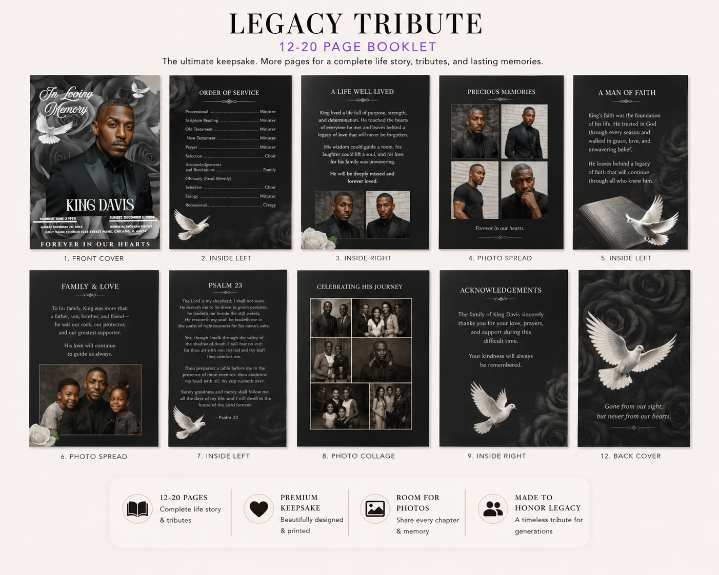 Legacy Tribute custom funeral program featuring a premium personalized memorial design with cherished photos, family stories, and a lasting celebration of life.