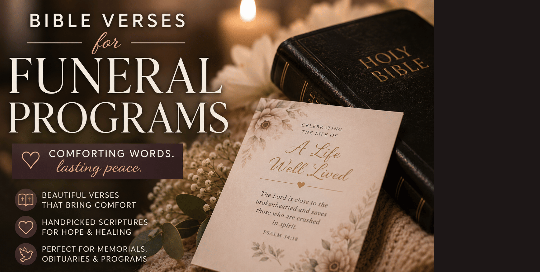 Open Bible beside an elegant funeral program, offering comforting scriptures for memorial services and celebrations of life.