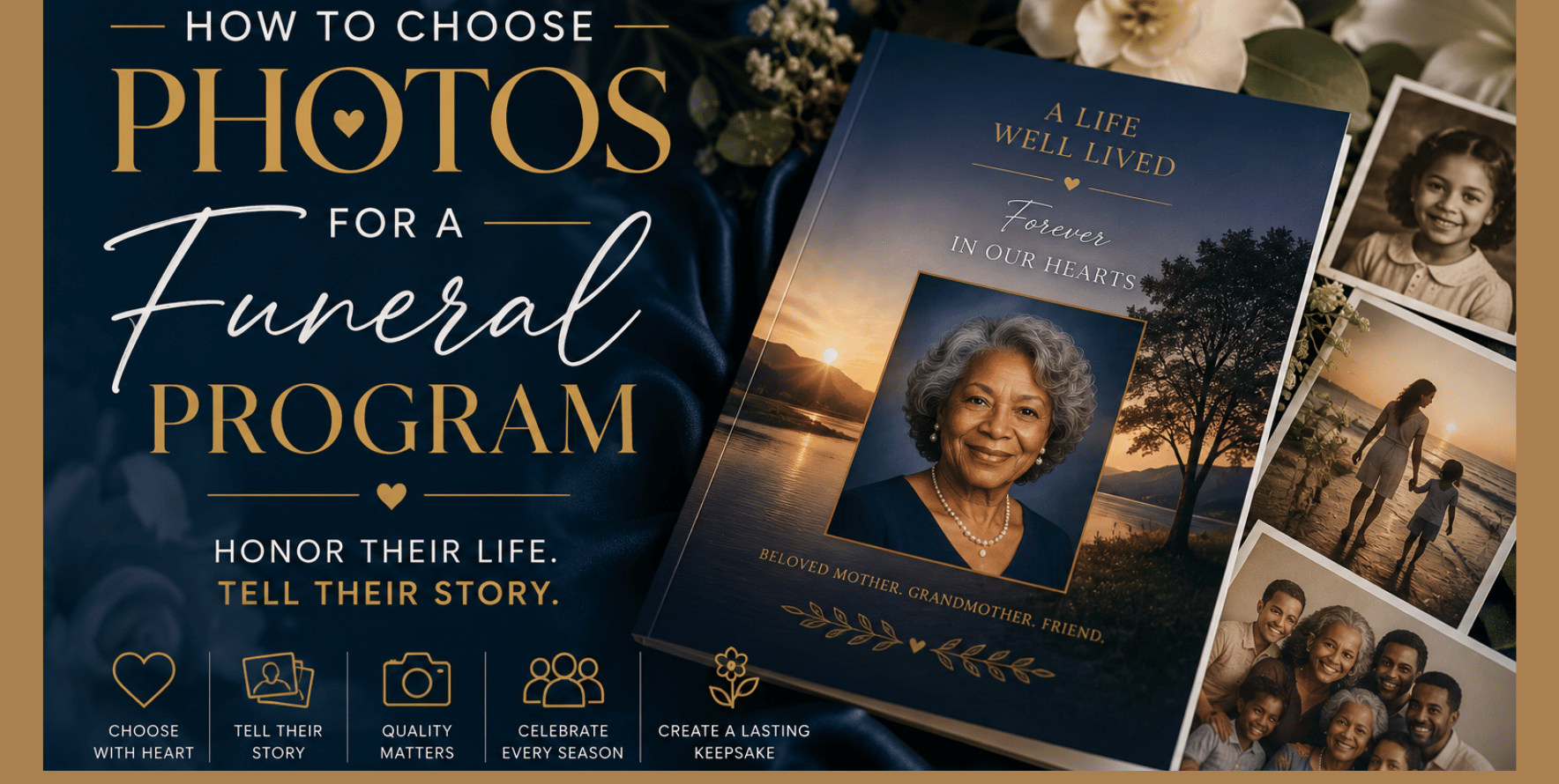 Family photographs arranged beside a personalized funeral program, celebrating a loved one's life through meaningful memories.