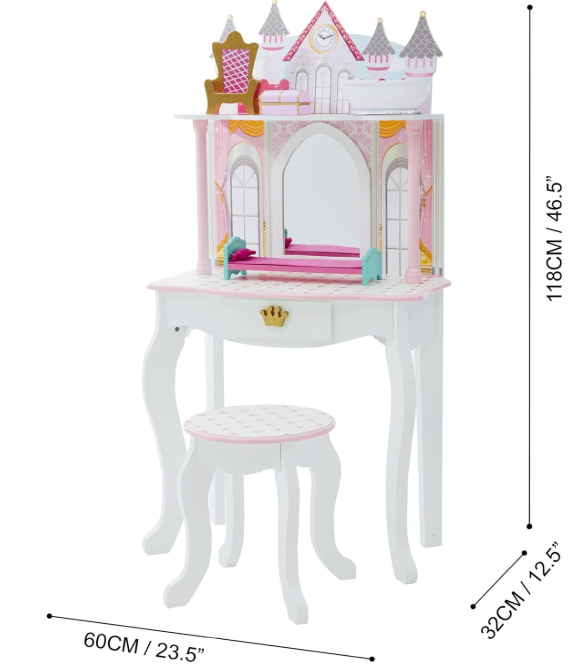 Kids Dreamland Princess Play Vanity Set with Mirror, Shelf, Storage Drawer, Stool, and Accessories