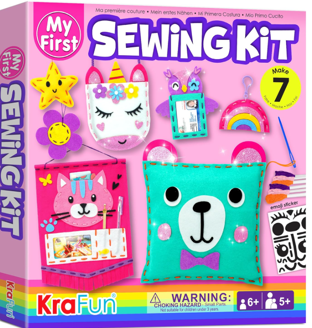 My First Sewing Kit for Beginner Kids Arts & Crafts, 7 Easy DIY Projects of Stuffed Animal Dolls and Plush Pillow Craft, Instructions & Felt,