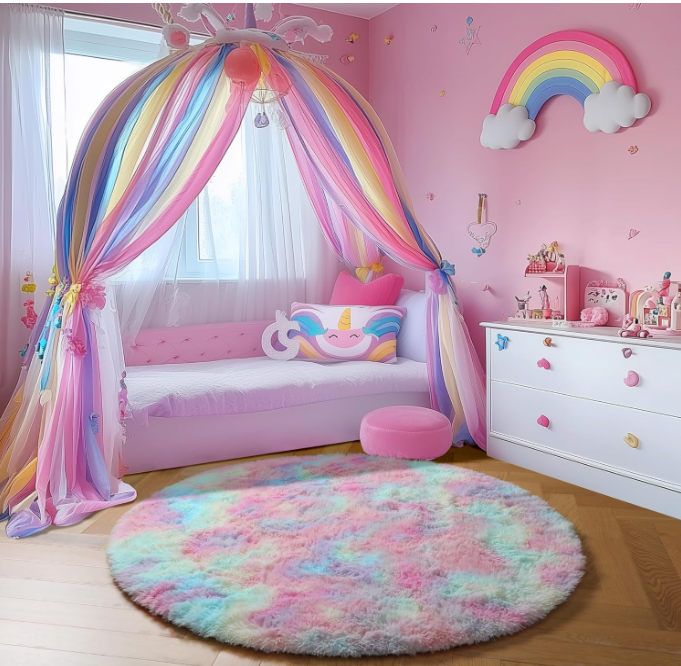 Rainbow Fluffy Round Rug 4Ft Kids Rugs for Girls Bedroom, Unicorn Room Decor, Colorful Pastel Shag Carpet