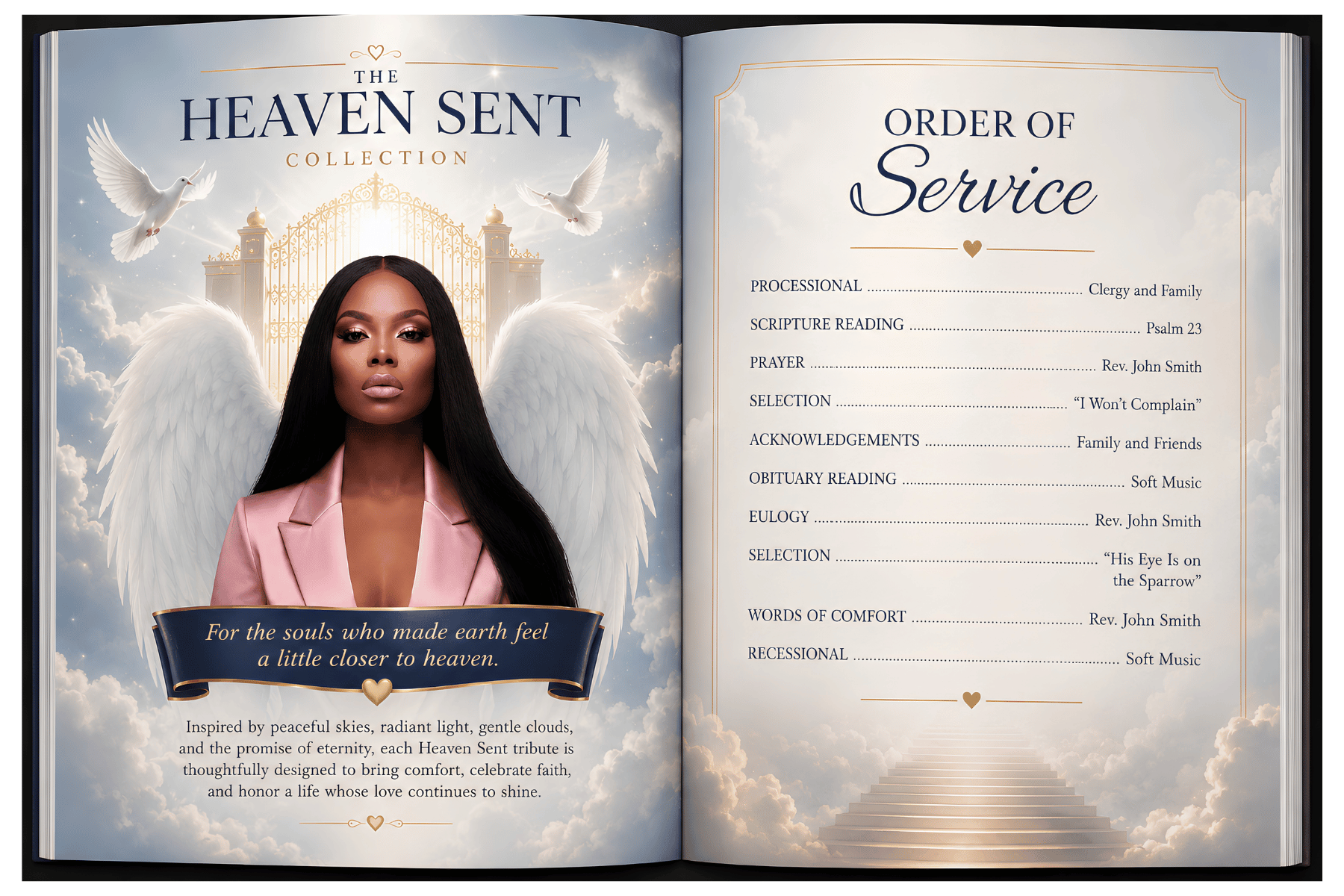 Heaven Sent funeral program cover featuring heavenly clouds, elegant typography, and a heartfelt memorial design.