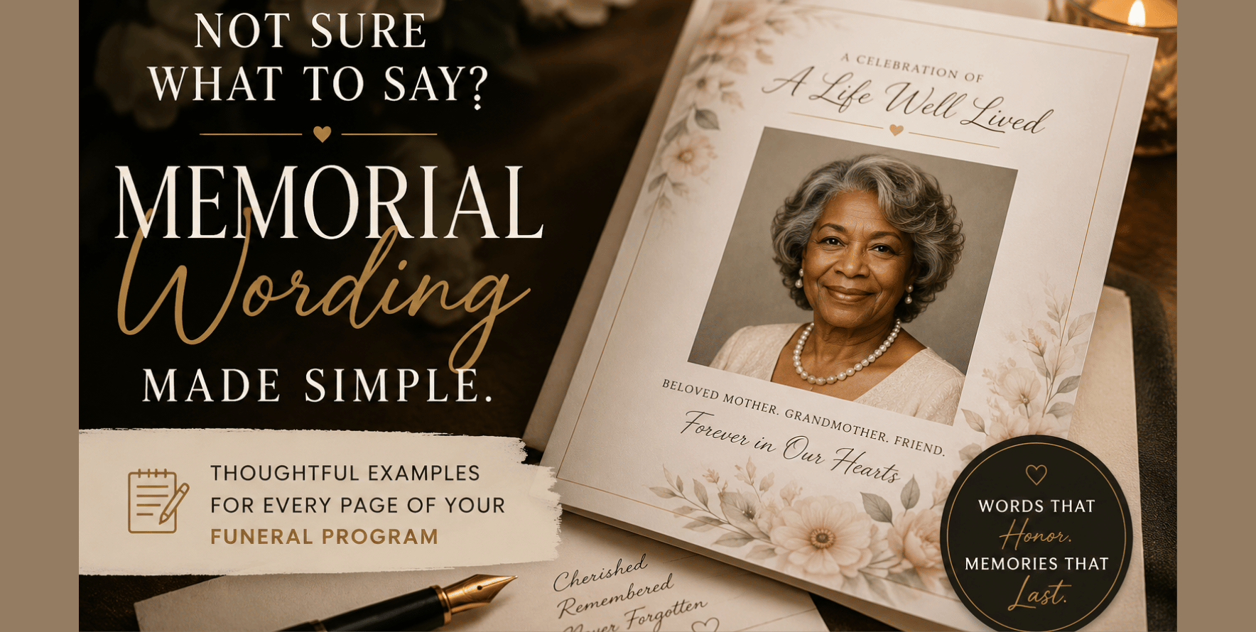 Person writing a meaningful obituary beside family photographs and memorial keepsakes.