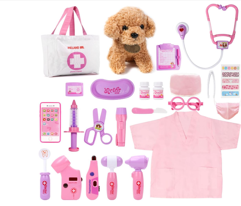 Toy Doctor Kit for Girls, Pretend Play Toy Doctor Set with Dog , Carrying Bag, Stethoscope & Dress Up Costume Gift for Kids