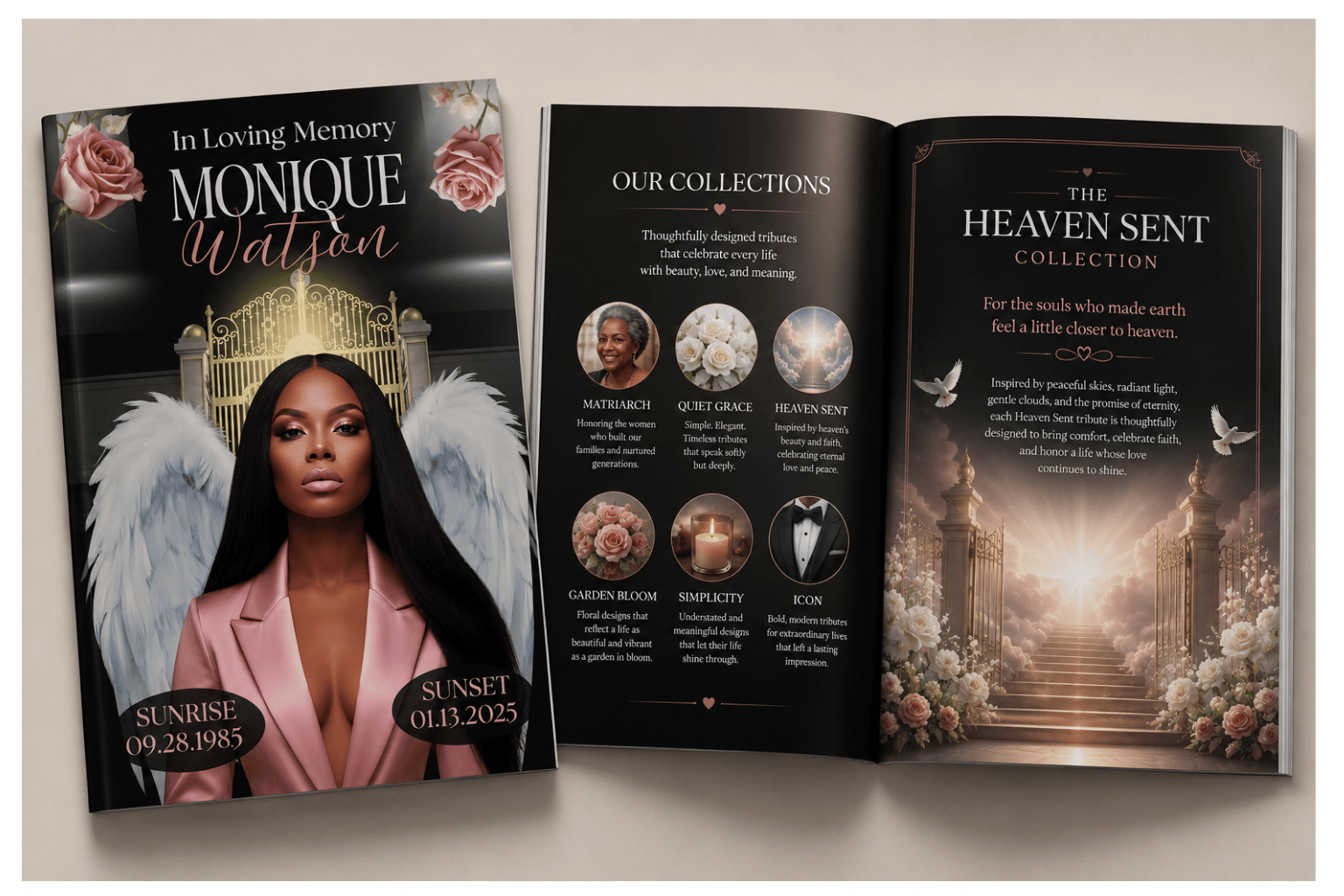 Beautiful Heaven Sent custom funeral program honoring a loved one with peaceful cloud imagery and timeless elegance.
